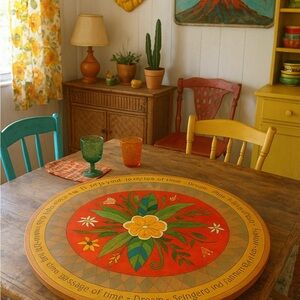 Hand Painted Solid Hardwood XL Lazy Susan with Floral Design Inspirational Quote